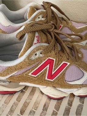 New Balance tan & pink sneakers with red N logo